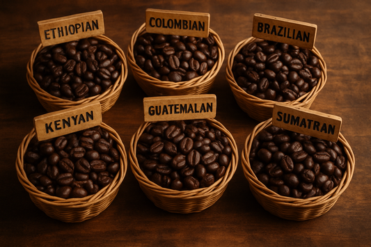 6 bean blend dark roast coffee showing 6 small baskets of dark roast coffee beans