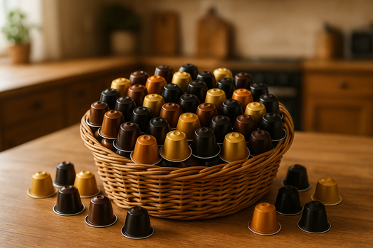 60 coffee pods on a table in a basket