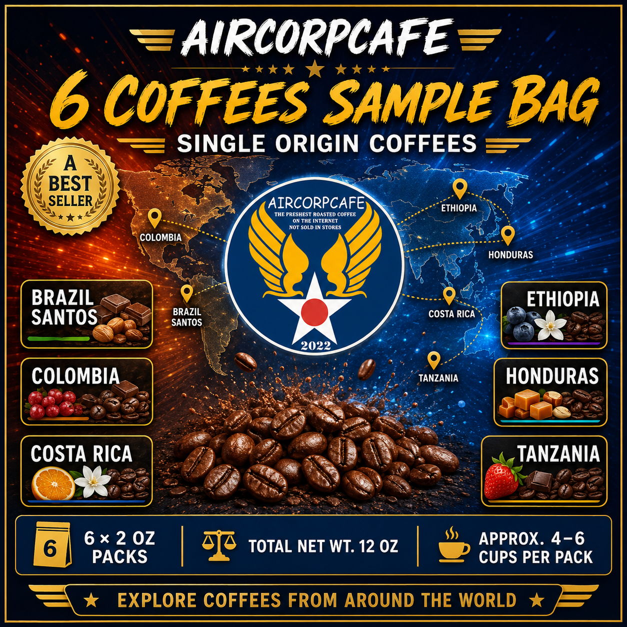 6 Coffee Sample Bag - Single Origin Coffees - A Best Seller
