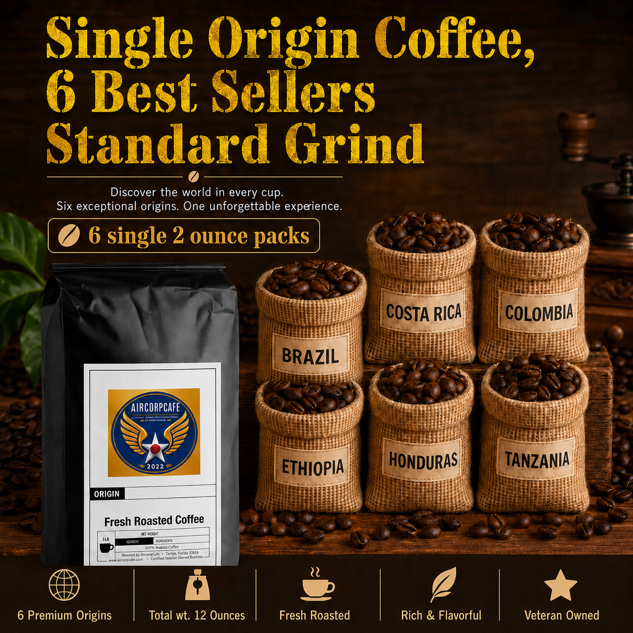 Single Origin Coffees - 6 Coffee Sample Packs - Standard Grind - A Best Seller
