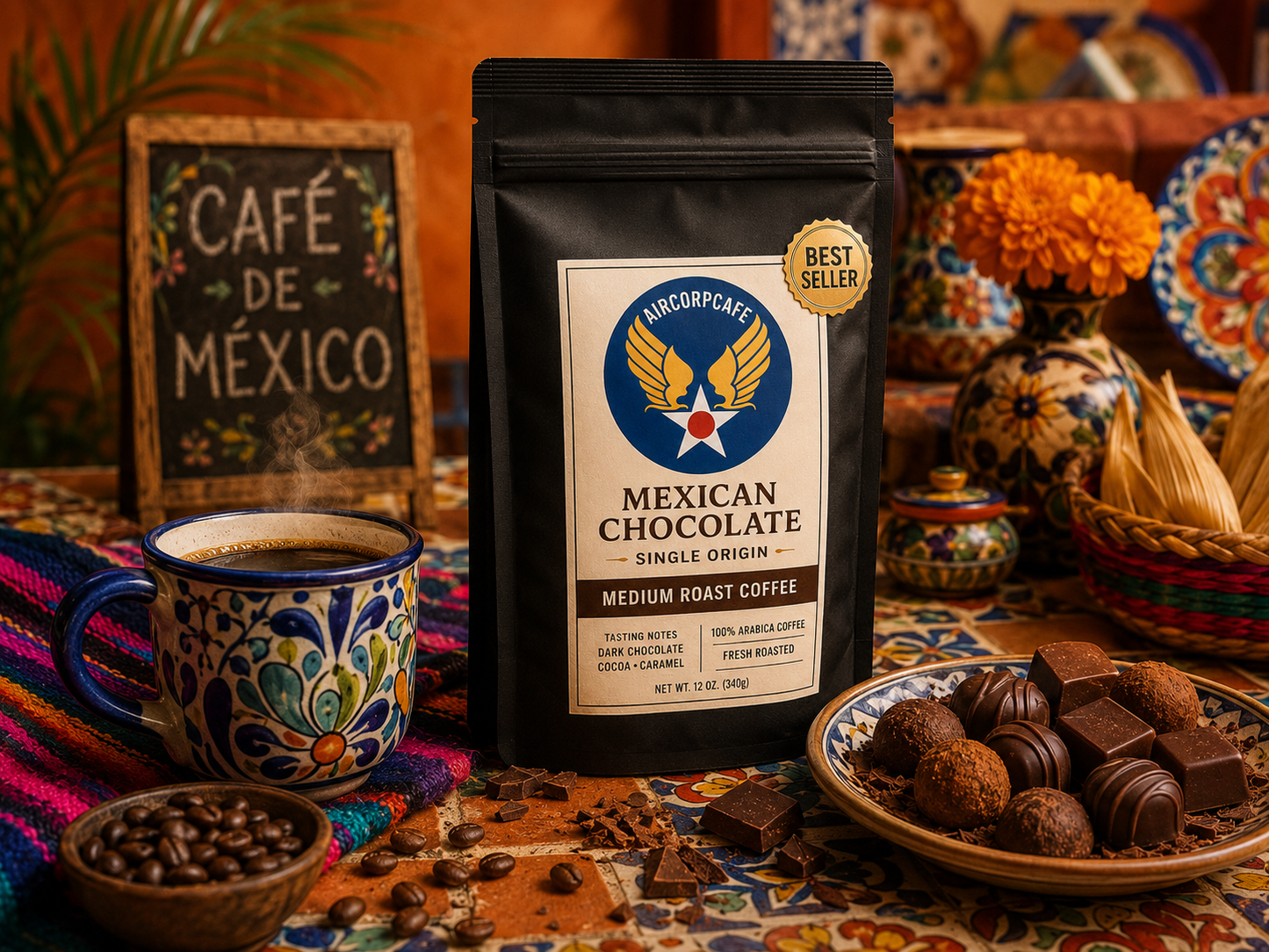 A package of Aeropacafe Mexican Chocolate coffee on a table with a cup, chocolates, and decorative items.