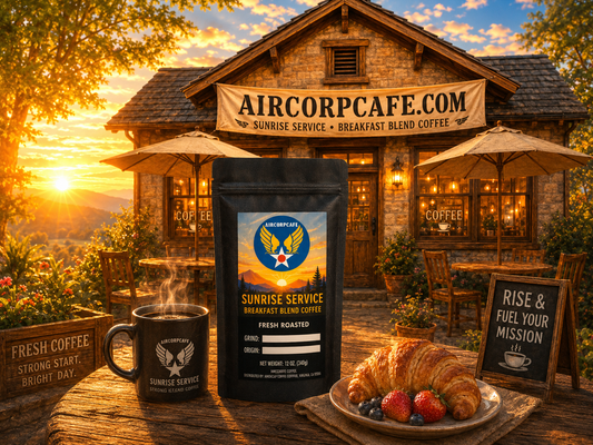 Aircorpcafe.com cafe with coffee bag and mug in front during sunset.