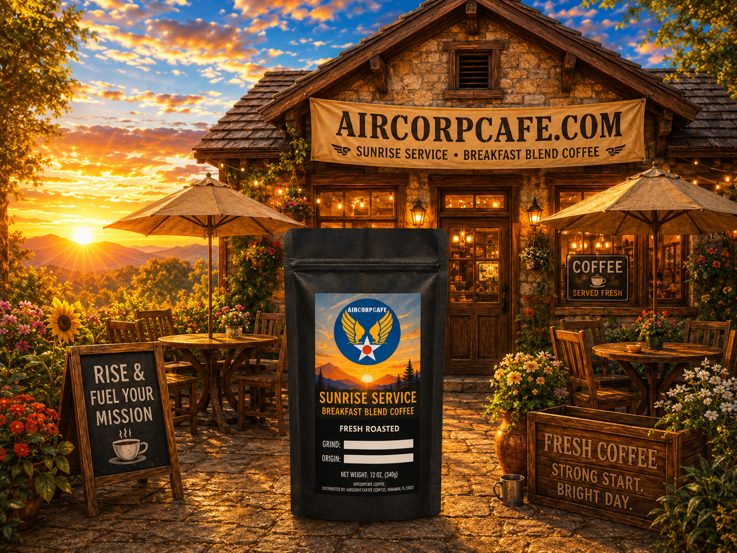 Aircorpcafe.com coffee shop with a coffee bag in front during sunset.