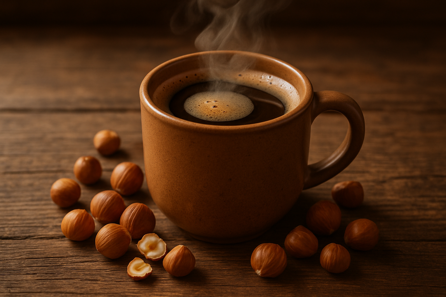 mug of coffee with shelled hazelnuts