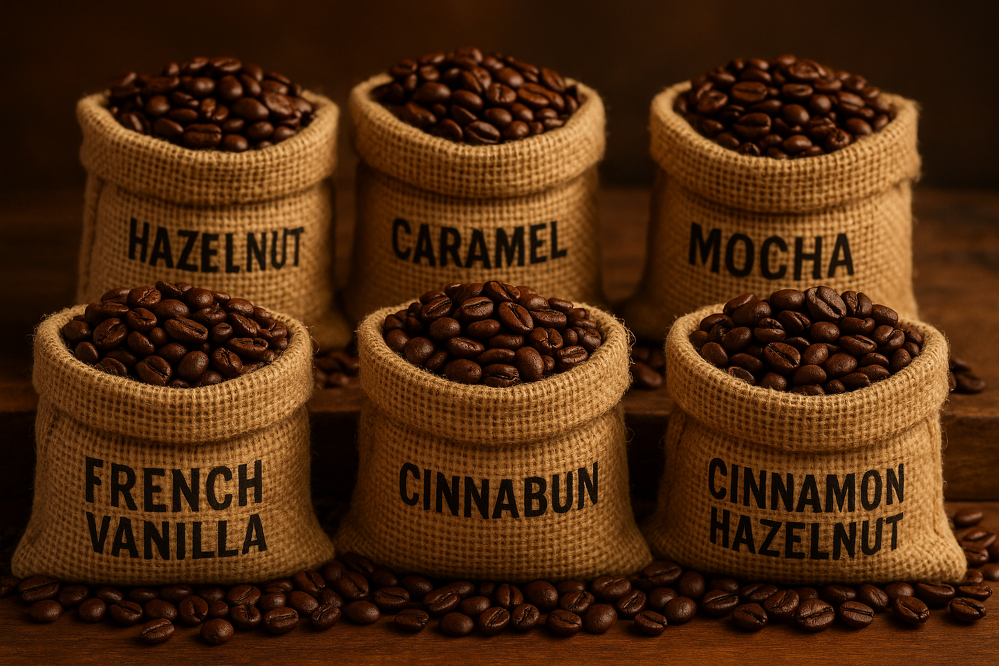 six small burlap bags containing fresh roasted coffee beans and each labeled with French Vanilla, Hazelnut, Cinnabun, Caramel, Mocha, and Cinnamon Hazelnut.