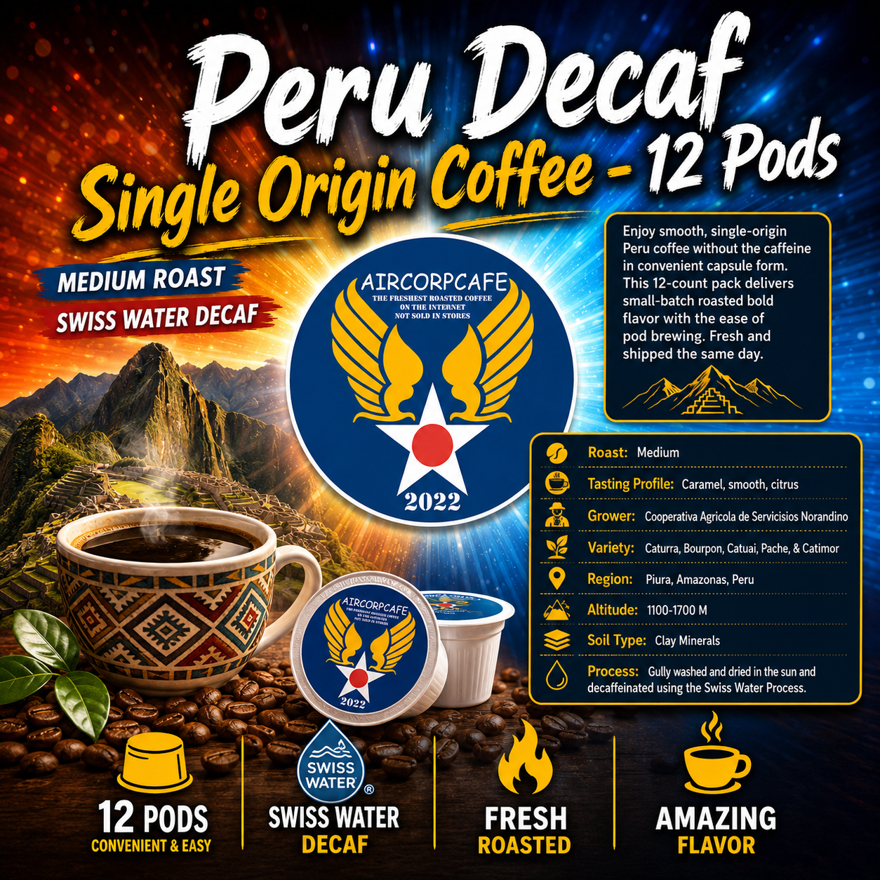 Peru Decaf - Single Origin Coffee - 12 Pods