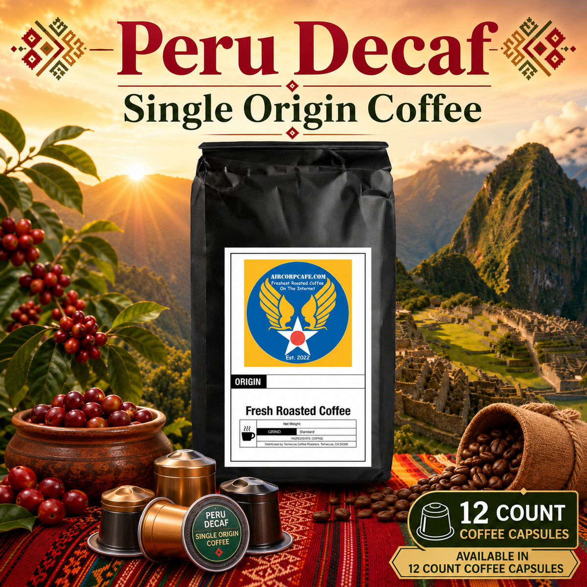 Peru Decaf coffee package with scenic background