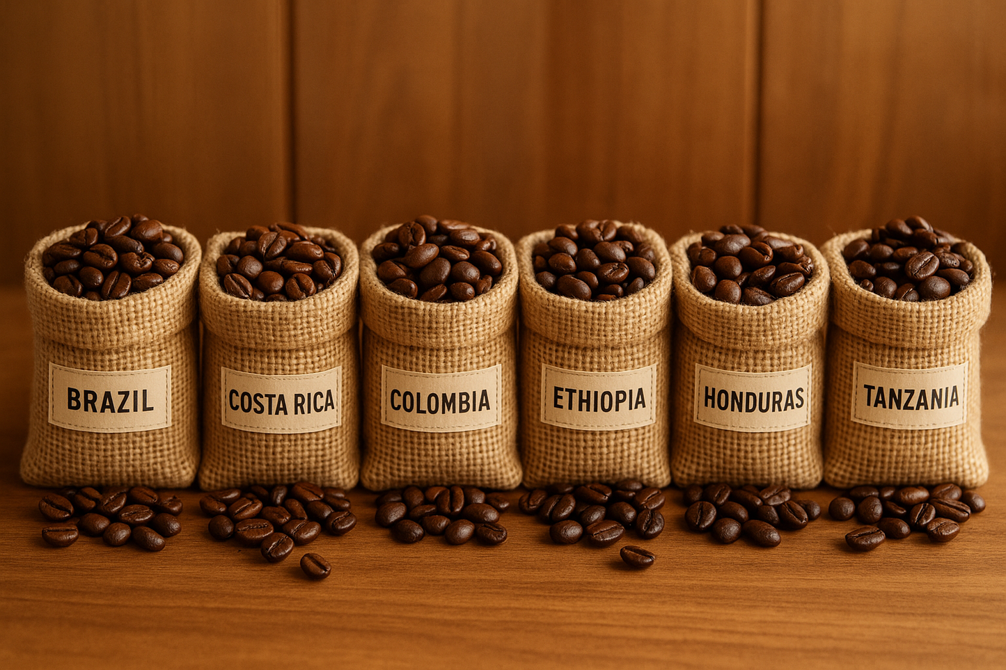 show six small burlap bags containing fresh roasted coffee beans labeled Brazil, Costa Rica, Columbia, Ethiopia, Honduras, and Tanzania