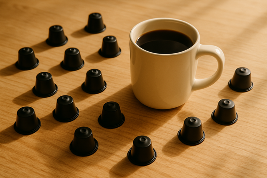 A coffee mug on a light wood breakfast table with twelve black coffee pods scattered