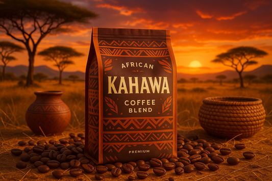 African Kahawa Coffee Blend with an african outdoors background