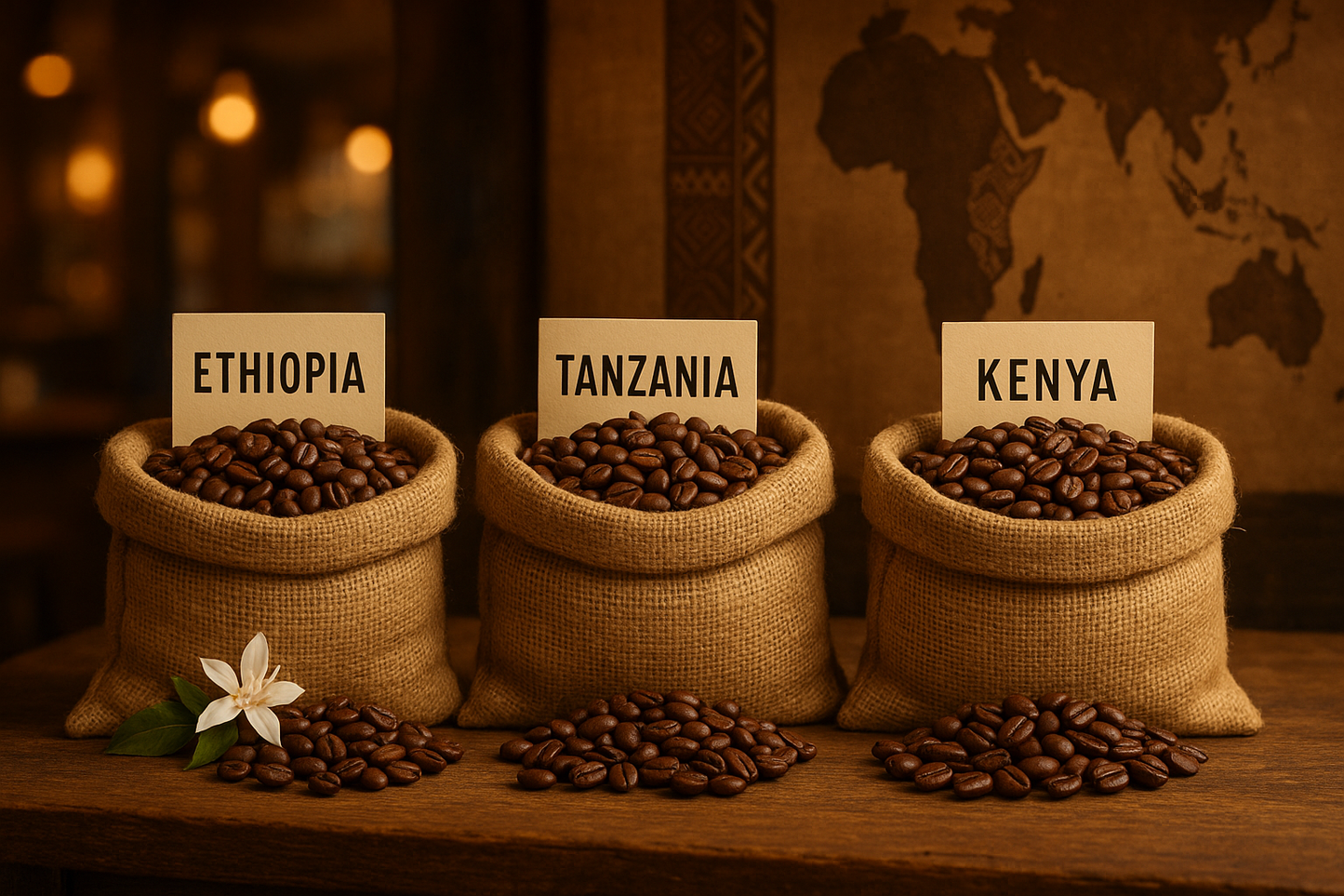 coffee from Ethiopia, Tanzania, and Kenya