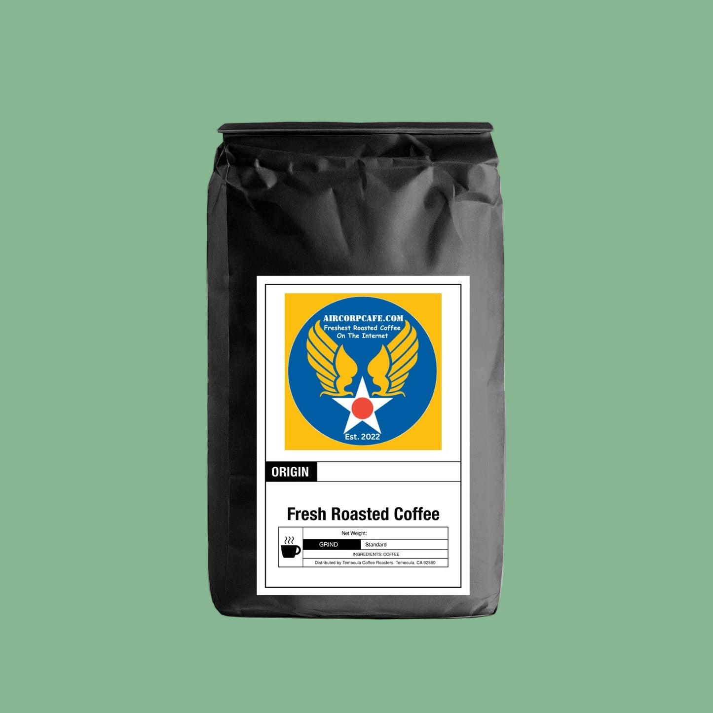 Black coffee bag with a label featuring the USAAF logo design on a grey background
