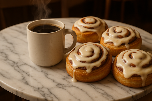 Mug of coffee on a marble table with large iced cinnamon rolls