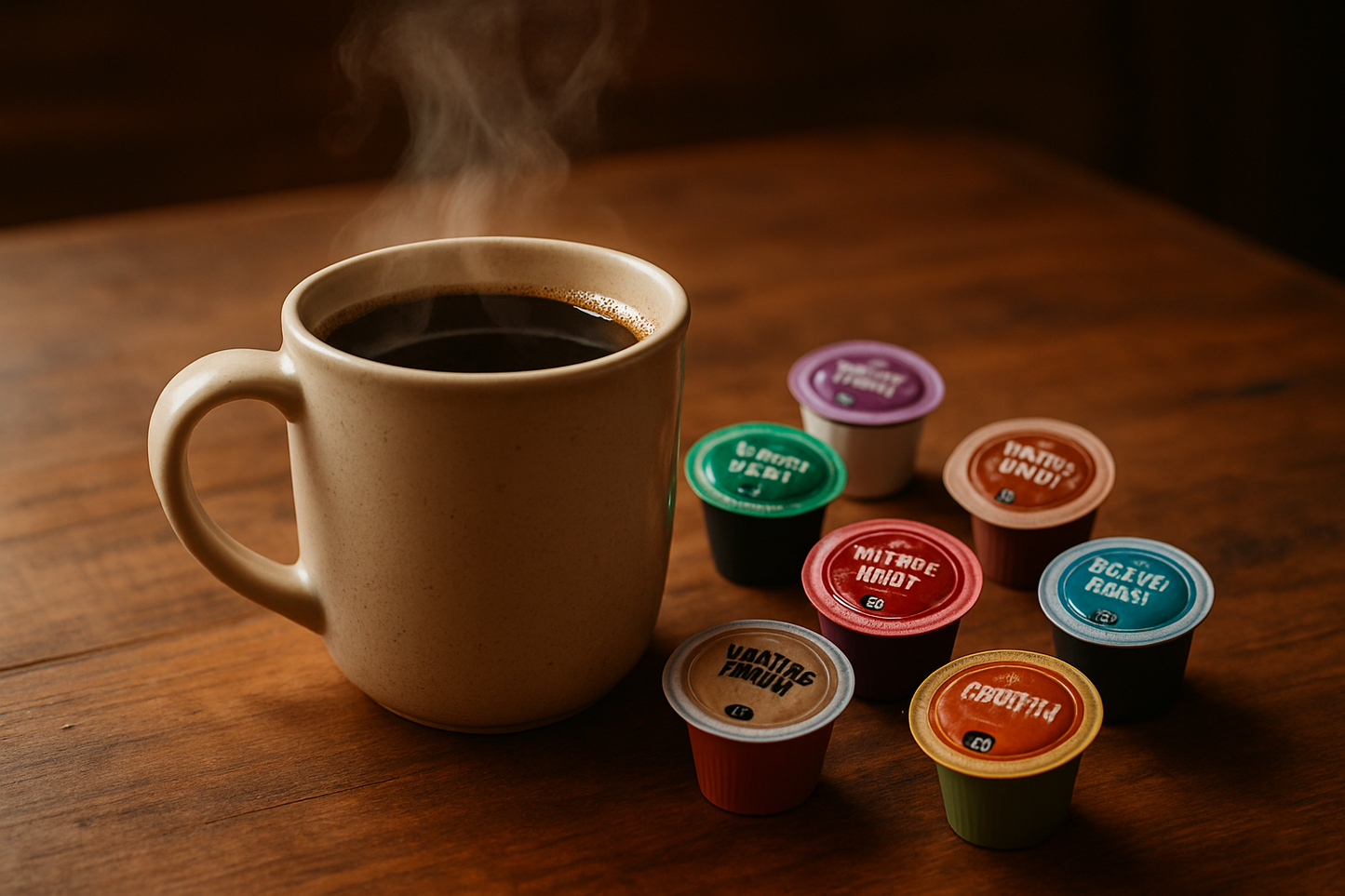 mug of coffee on a table with coffee pods nearby
