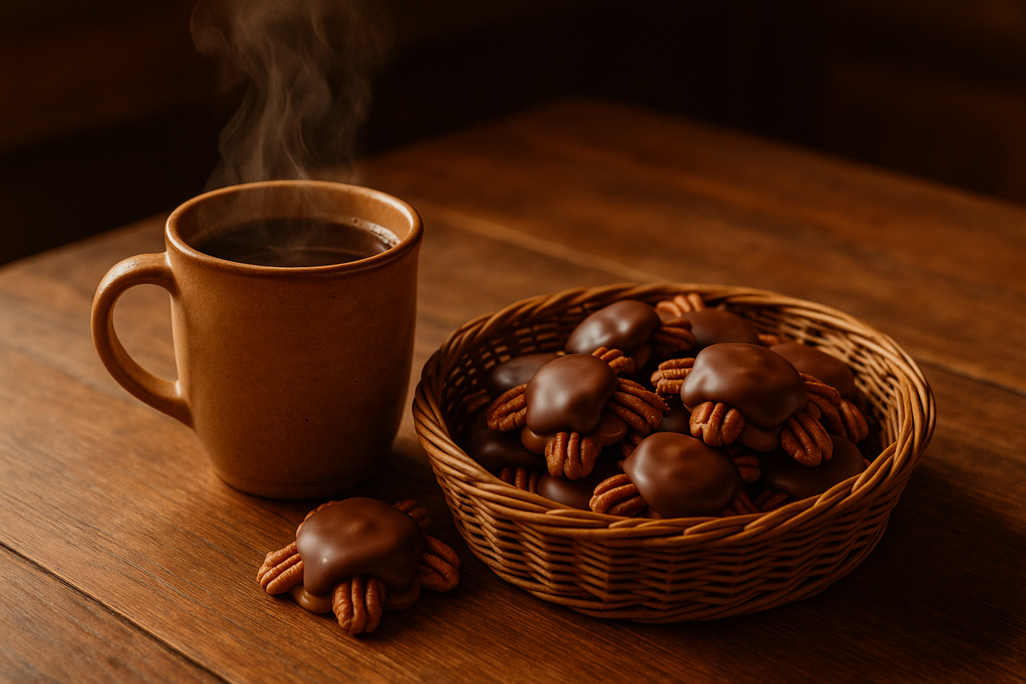 mug of coffee on a table with turtle candy in a basket