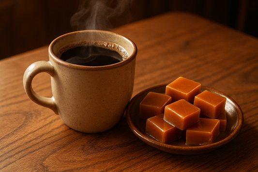Mug of coffee with caramel squares on the table