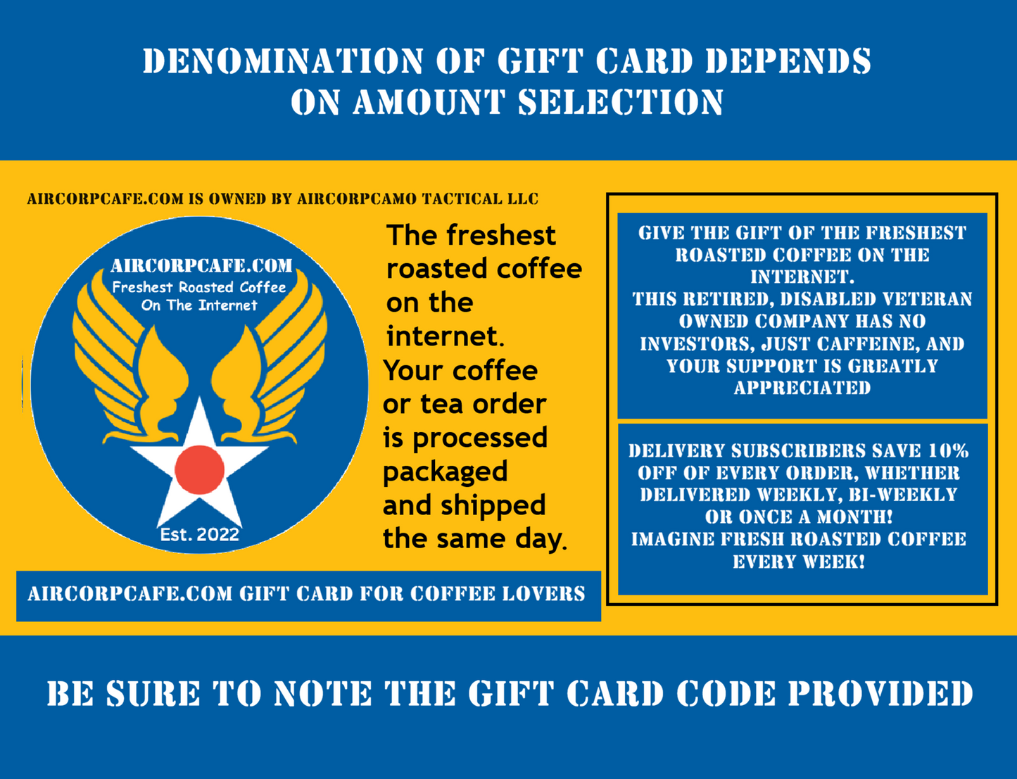 AIRCORPCAFE.COM GIFT CARD FOR COFFEE LOVERS
