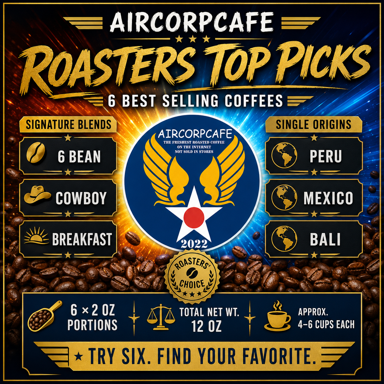 6 Pouch Coffee Sample Bag - Roasters Top Pick Best Selling Coffees - 12 oz.