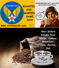 Load image into Gallery viewer, Aircorpcafe Best Sellers Sample Pack: 6Bean, Cowboy, Breakfast, Peru, Mexico, Bali
