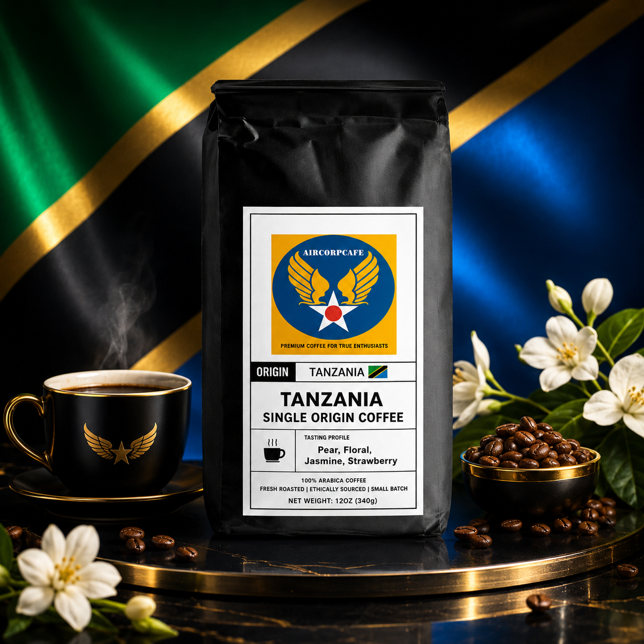 Tanzania single origin coffee bag with a cup of coffee and coffee beans on a decorative background