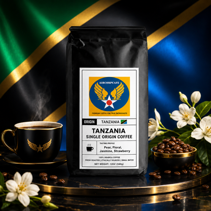 Tanzania single origin coffee bag with a cup of coffee and coffee beans on a decorative background