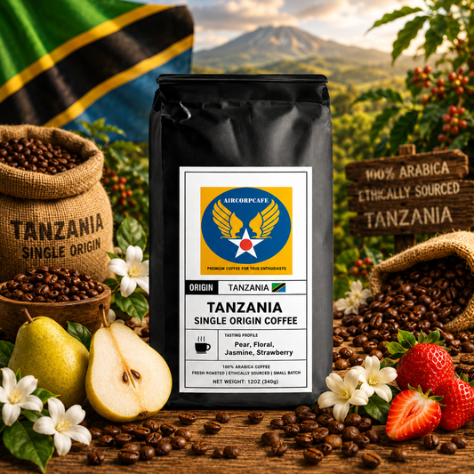 Tanzania single origin coffee bag with coffee beans, pears, and strawberries on a scenic background.