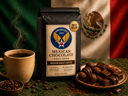 Mexican chocolate coffee package with a cup of coffee, chocolate truffles, and coffee beans on a green surface with a Mexican flag in the background.