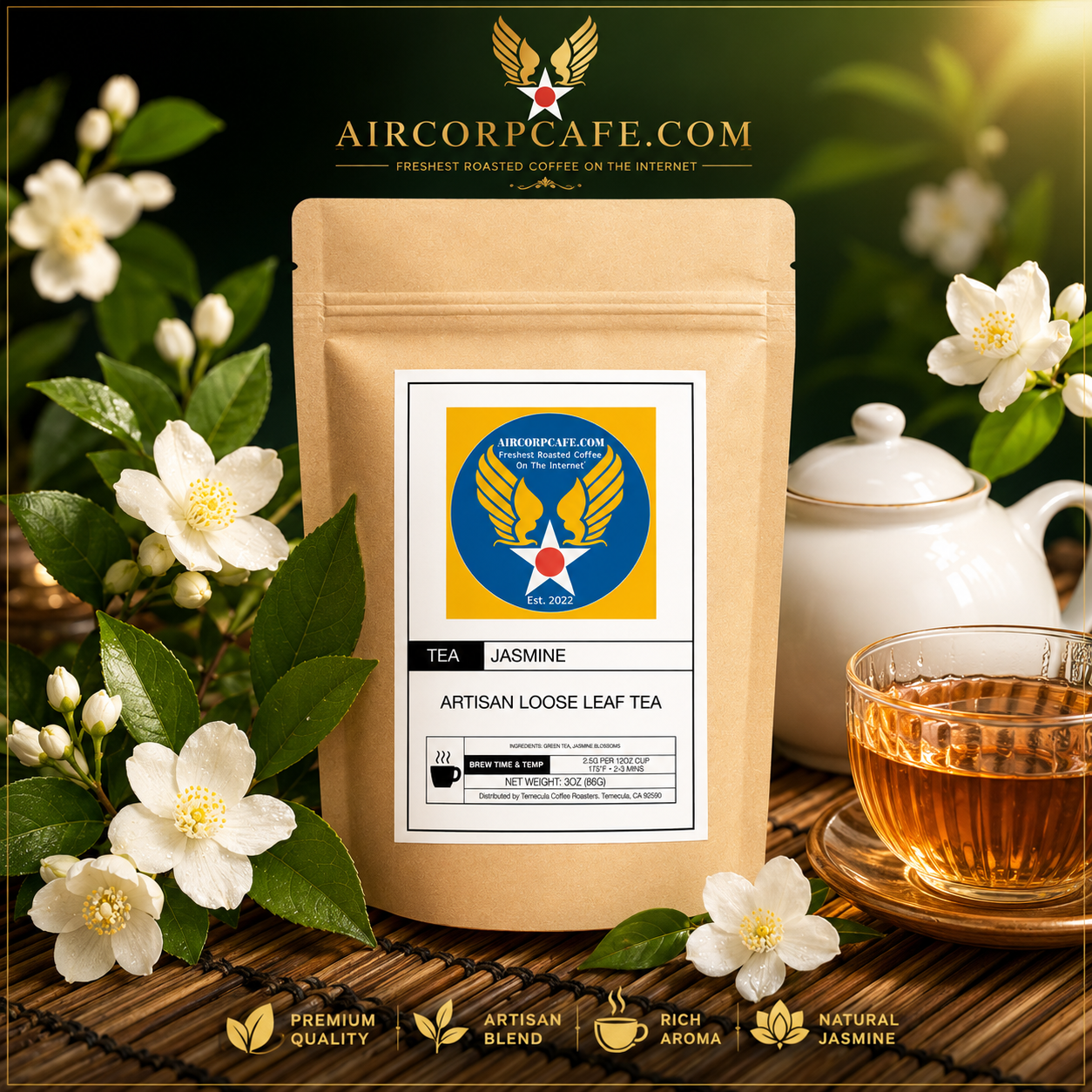 Airtight tea packaging with jasmine flowers and a teacup on a wooden surface.