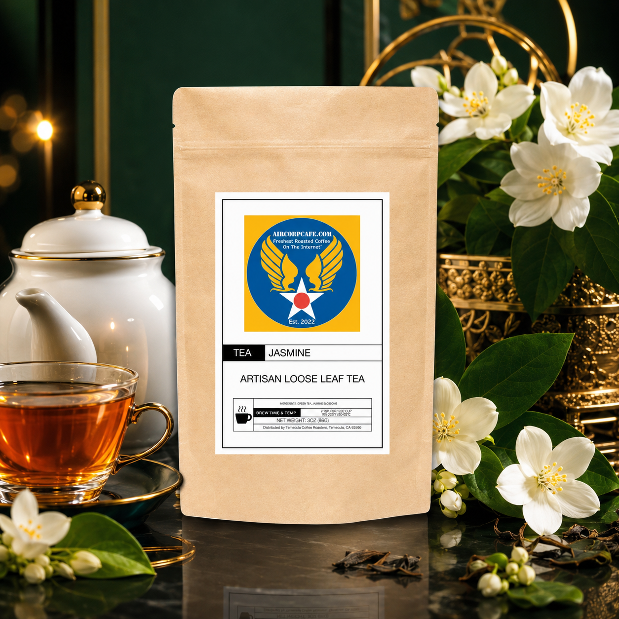 Tea package with jasmine flowers and a teacup on a decorative background