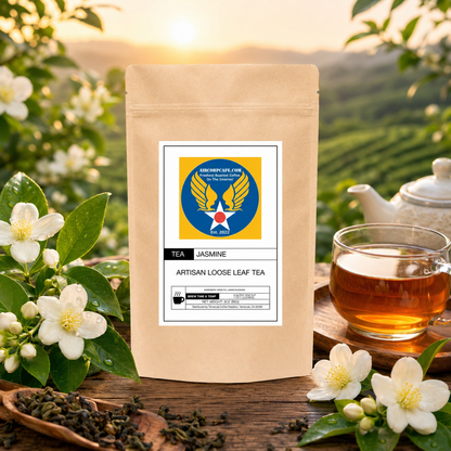 Tea package with a label, cup of tea, and tea leaves on a wooden surface with a scenic background.