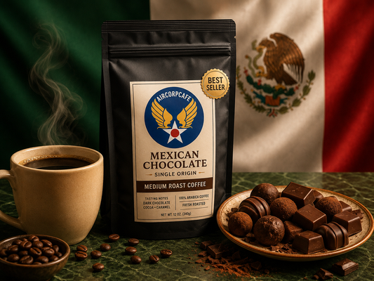 Mexican chocolate coffee package with a cup of coffee, coffee beans, and chocolate truffles on a table with a Mexican flag in the background.