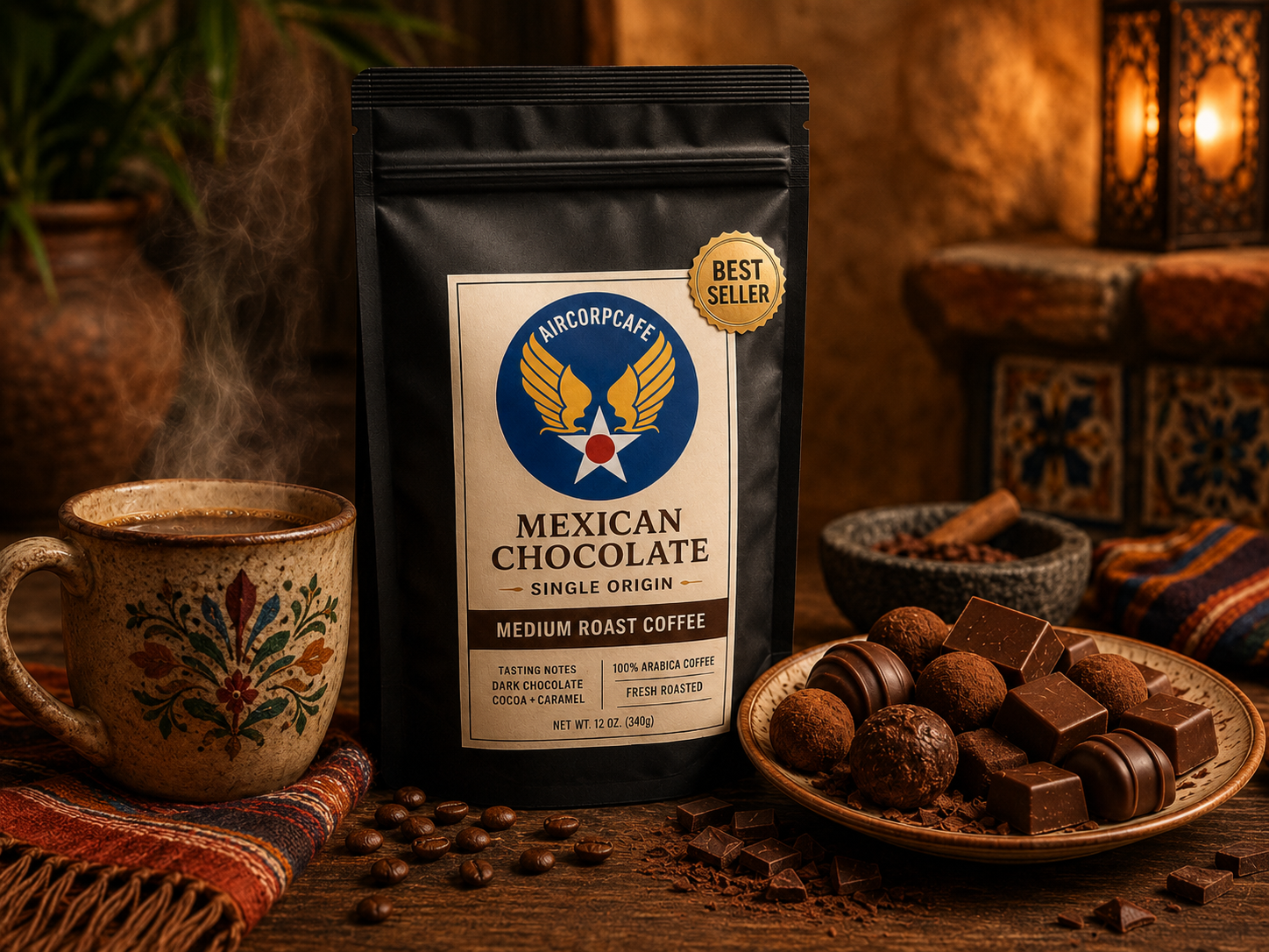 Aircrafca Mexican Chocolate coffee package with a mug, chocolate truffles, and coffee beans on a wooden table.