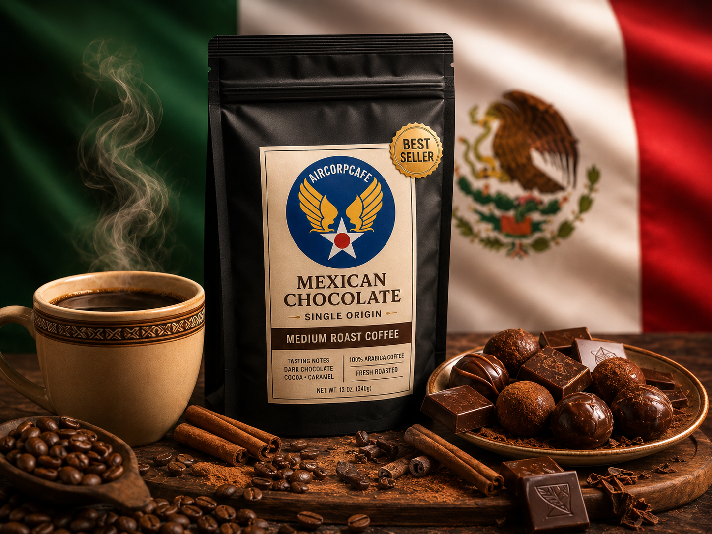 Mexican chocolate coffee package with a cup of coffee and chocolate truffles on a wooden surface with a Mexican flag in the background.