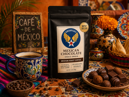A package of Aeropacafe Mexican Chocolate coffee on a table with a cup, chocolates, and decorative items.