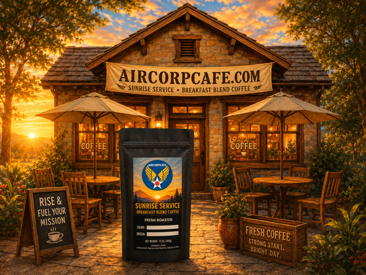 Aircorpcafe.com cafe with a bag of coffee in the foreground during sunset.