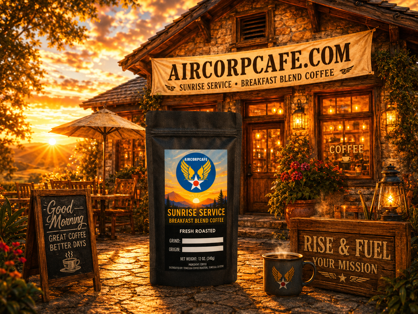 Aircorpcafe.com coffee package in front of a rustic cafe with sunset lighting.