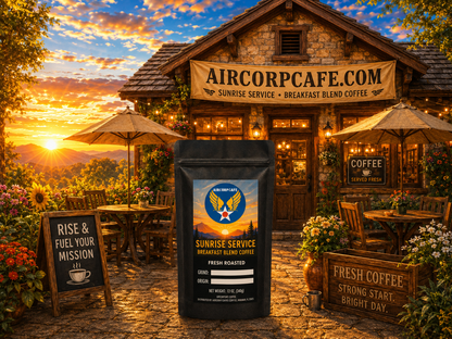 Aircorpcafe.com coffee shop with a coffee bag in front during sunset.