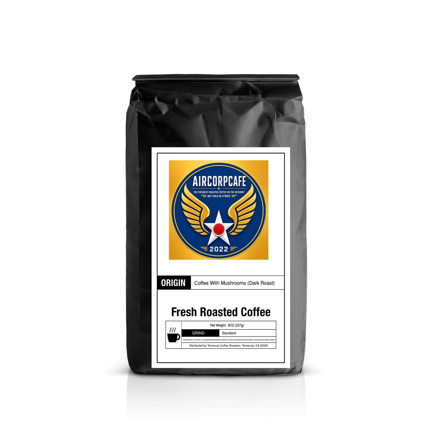 A black bag of Aircorpcafe Fresh Roasted Coffee with Mushrooms (Dark Roast) on a white background with a soft reflection.