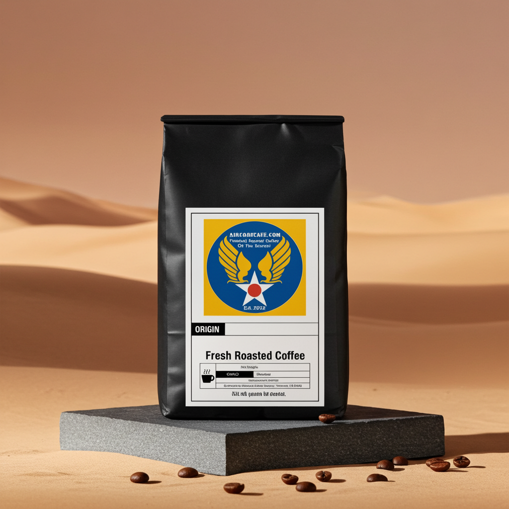 Black coffee bag with a label sitting on an oasis well with a desert background