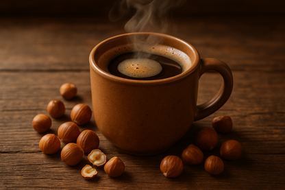 mug of coffee with shelled hazelnuts