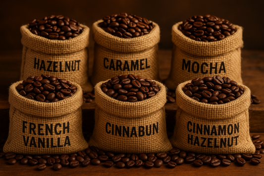 six small burlap bags containing fresh roasted coffee beans and each labeled with French Vanilla, Hazelnut, Cinnabun, Caramel, Mocha, and Cinnamon Hazelnut.