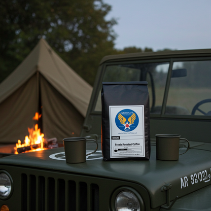 Bag of Fresh Roasted Coffee Sitting On A Army Jeep
