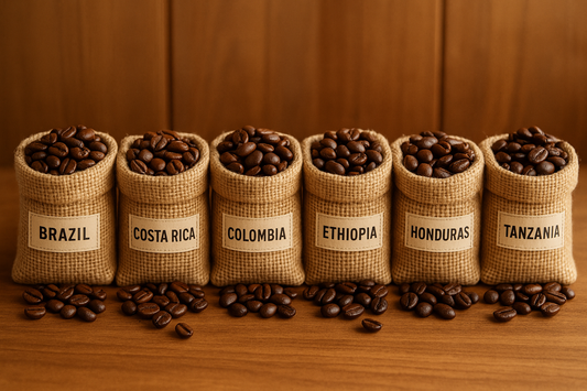 show six small burlap bags containing fresh roasted coffee beans labeled Brazil, Costa Rica, Columbia, Ethiopia, Honduras, and Tanzania