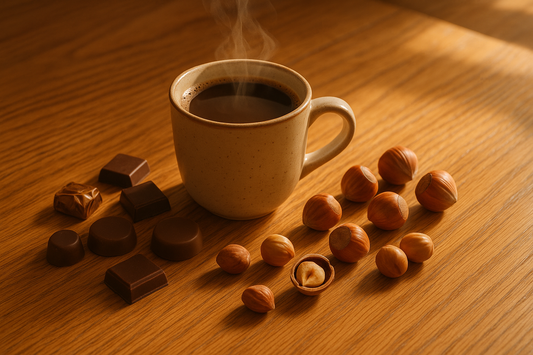 a mug of coffee on an oak breakfast table with chocolates and hazelnuts