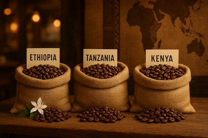 coffee from Ethiopia, Tanzania, and Kenya