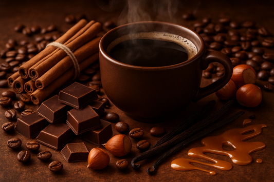 Flavored coffee with natural flavor from cinnamon, chocolate, hazelnuts, vanilla, caramel, 