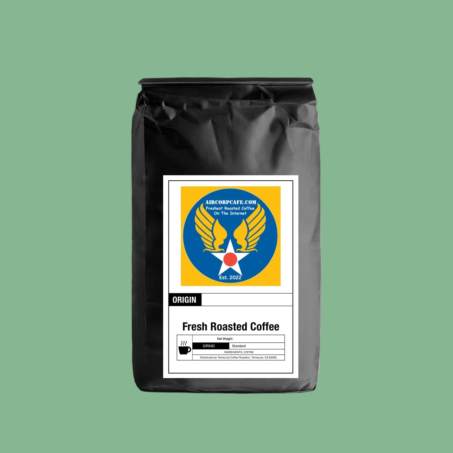 Black coffee bag with a label featuring the USAAF logo design on a grey background