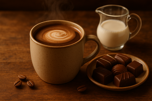 Mocha flavored coffee in a mug with chocolates and small pitcher of cream