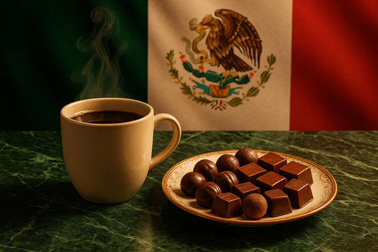 mug of coffee on a green marble table, plate of chocolates and Mexico national flag background