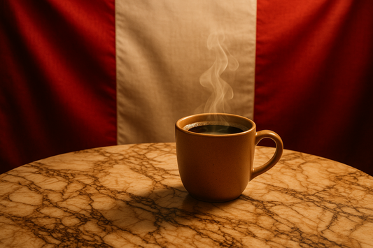 mug of coffee on a peruvian marble table with Peru national flag background